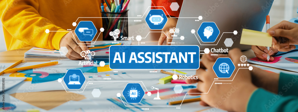 Dynamic workspace showcasing AI assistant technology with a focus on collaboration, smart devices, and robotics aimed at boosting productivity and innovation. Amity