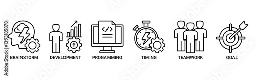 Hackathon icon set. Containing icon of brainstorm, development, programming, timing, speed, teamwork, and goal icons. Outline vector symbol background.