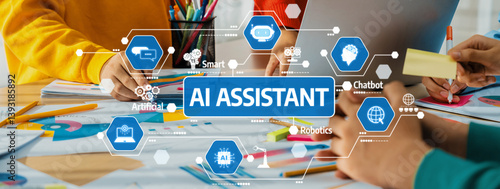 Obraz na płótnie Dynamic workspace showcasing AI assistant technology with a focus on collaboration, smart devices, and robotics aimed at boosting productivity and innovation. Amity w salonie