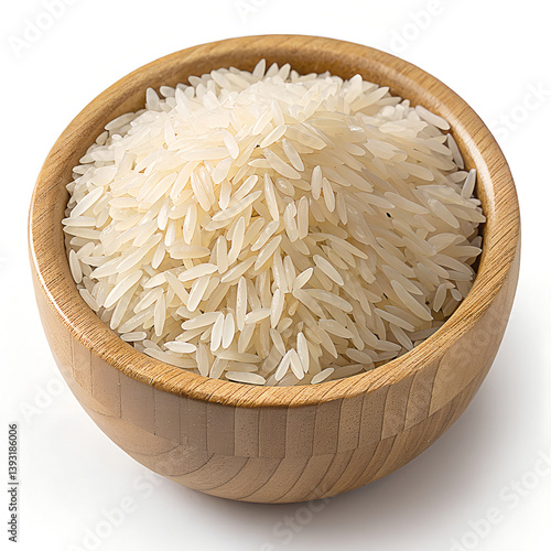 Closeup of uncooked basmati rice in a bowl on a white background