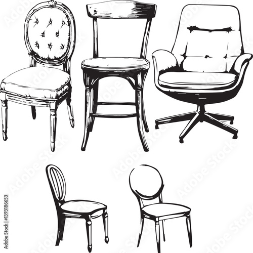 image of furniture chairs, set of five, vector, black and white graphics
