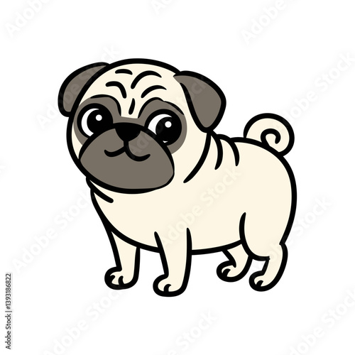 Cute cartoon pug dog standing happily with big eyes in a playful style on a white background