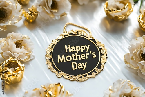 A chic "Happy Mother's Day" tag with metallic gold details, surrounded by a luxurious arrangement of gold-dipped carnations on a white metallic surface.