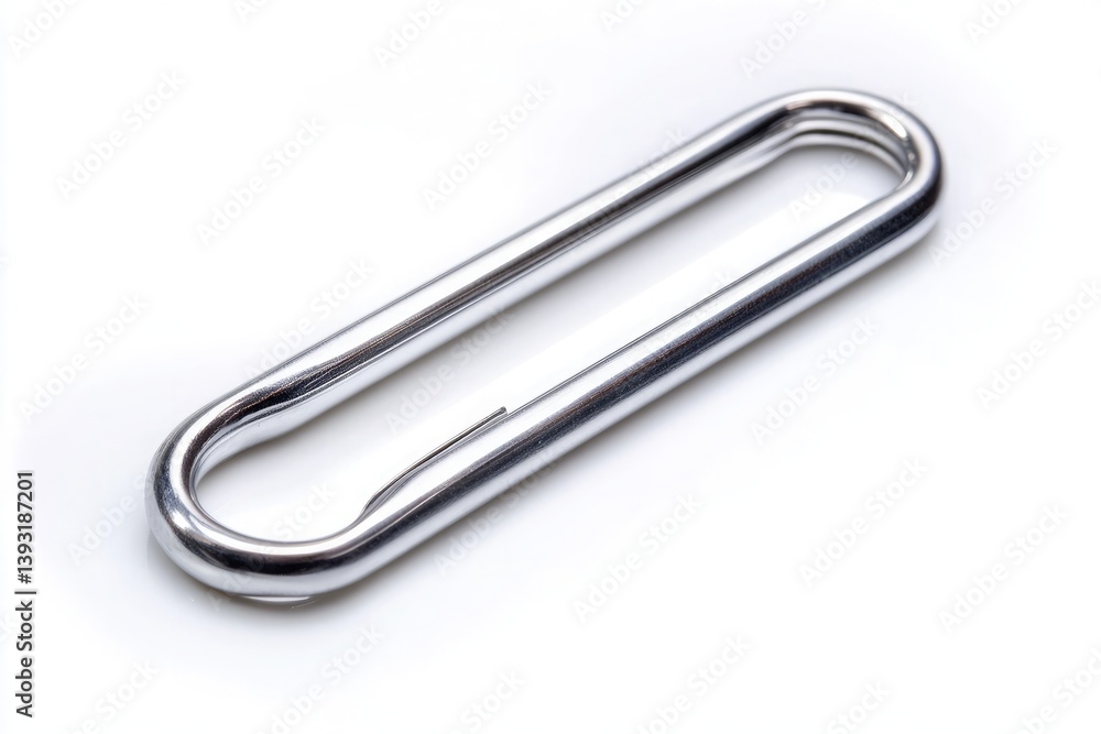 A close up shot of a shiny silver metal oblong ring on a white surface with a subtle shadow below it A close up shot of a shiny silver metal oblong ring on a white surface with a subtle shadow below it
