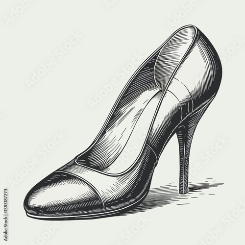 Elegant high heel shoe with a sleek design in a detailed sketch style on a white background