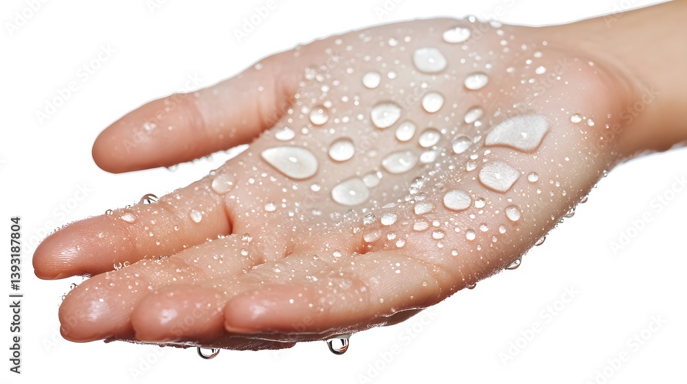 Fototapeta premium Close-up of a hand covered in water droplets, showcasing the texture and translucency of the skin. The image is clean and bright against a white background.