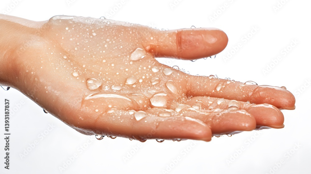 Fototapeta premium Close-up of a hand covered in water droplets, showcasing glistening skin and the texture of water beads. Perfect for beauty, skincare, or hydration concepts.