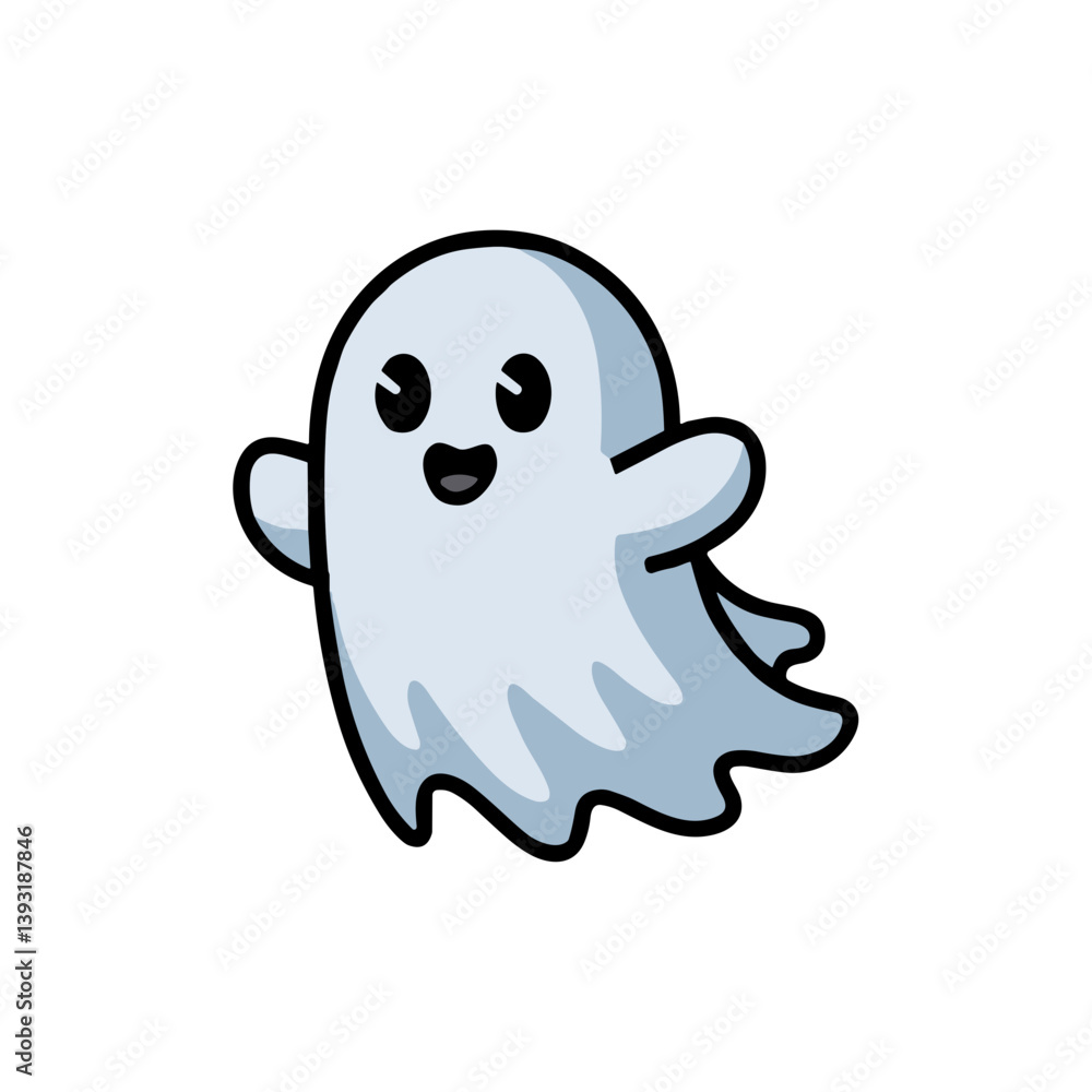 Cute cartoon ghost with a smiling face in joyful pose on white background copy space Cute cartoon ghost with a smiling face in joyful pose on white background copy space