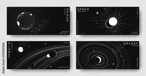 Set of abstract space horizontal backgrounds. Line art galaxy, solar system, planet, black hole. Science future concept. Astronomy minimalist design for cover, poster, layout, banner, flyer, brochure