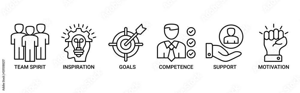 Team building icon set. Containing icon of team spirit, inspiration, goals, competence, support, and motivation icons. Outline vector symbol background. Team building icon set. Containing icon of team spirit, inspiration, goals, competence, support, and motivation icons. Outline vector symbol background.