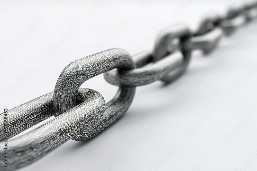 Obraz premium Close-up view of an industrial metal chain lying on a white surface showcasing texture and detail in a well-lit environment