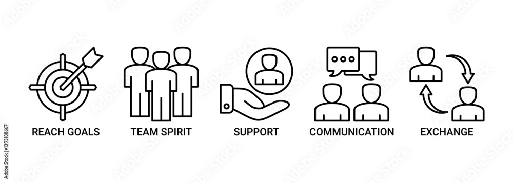 Working together icon set.  Containing icon of collaboration, reach goals, team spirit, support, communication, and exchange icons. Outline vector symbol background.