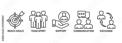 Working together icon set.  Containing icon of collaboration, reach goals, team spirit, support, communication, and exchange icons. Outline vector symbol background.