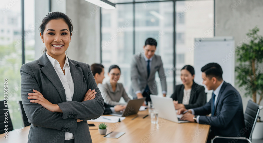 A confident businesswoman stands arms crossed, radiating success amidst a bustling boardroom meeting; sharp focus, soft background lighting. A confident businesswoman stands arms crossed, radiating success amidst a bustling boardroom meeting; sharp focus, soft background lighting.