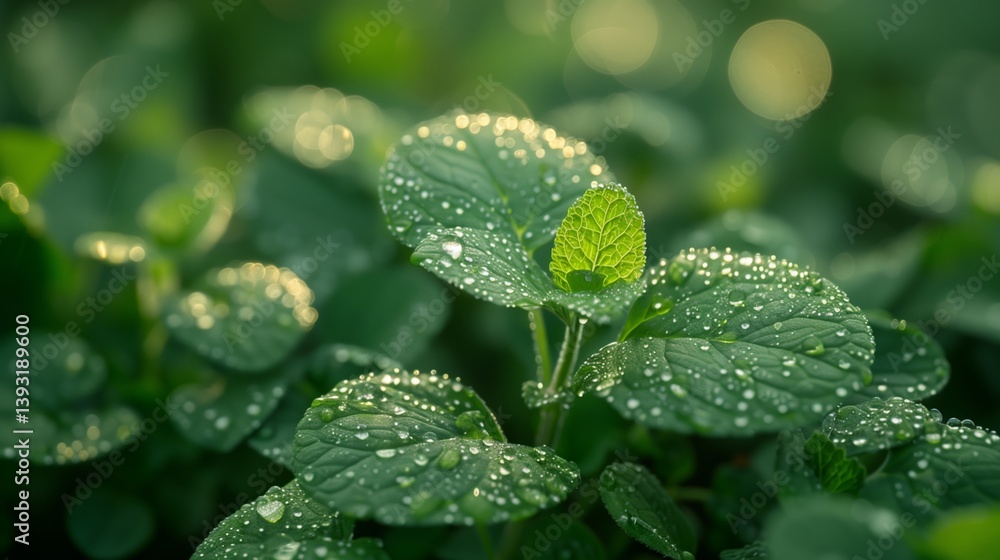 Macro photo of a green leaf covered in water drops Macro photo of a green leaf covered in water drops