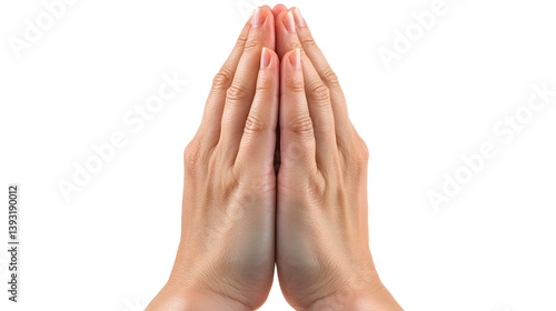 Close-up of two hands pressed together in a prayer or supplication gesture, isolated on a white background.  The image is clean and simple, ideal for spiritual or religious contexts.