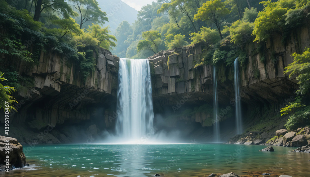 Naklejka premium Majestic Waterfall Flowing Over Rock Cliffs in a Lush Green Forest
