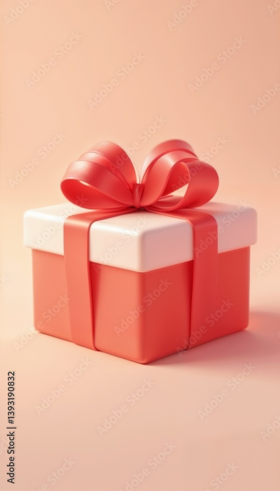 Obraz premium Coral pink gift box with a bow on peach background.