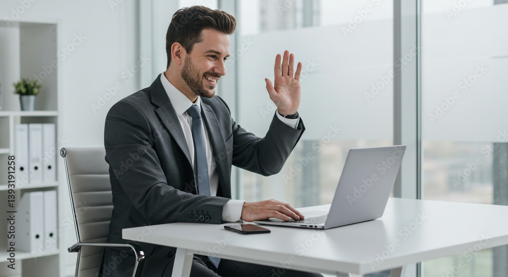 A smiling businessman waves hello during a bright video conference call in his modern office, laptop and smartphone nearby. A smiling businessman waves hello during a bright video conference call in his modern office, laptop and smartphone nearby.