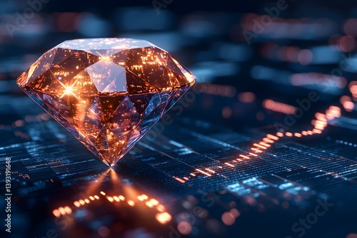 Glowing diamond symbol surrounded by financial data charts
