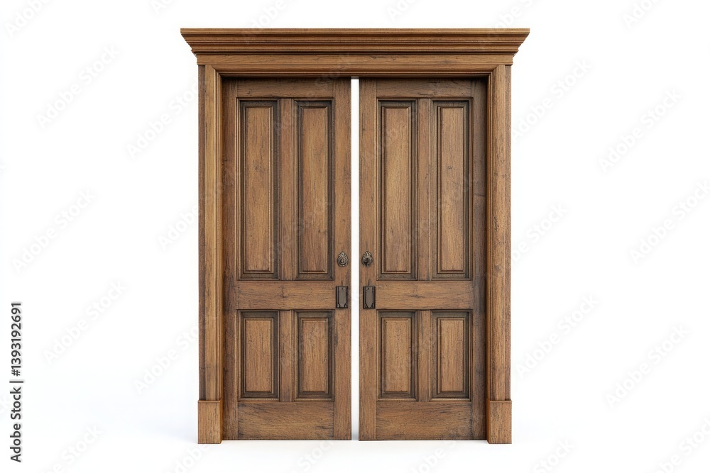 A symmetrical view of a pair of wooden doors with a decorative frame against a white background A symmetrical view of a pair of wooden doors with a decorative frame against a white background