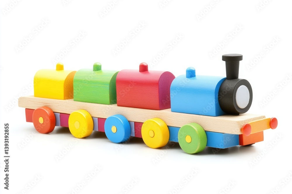 A colorful wooden toy train with yellow green red and blue cars on a white background studio shot A colorful wooden toy train with yellow green red and blue cars on a white background studio shot