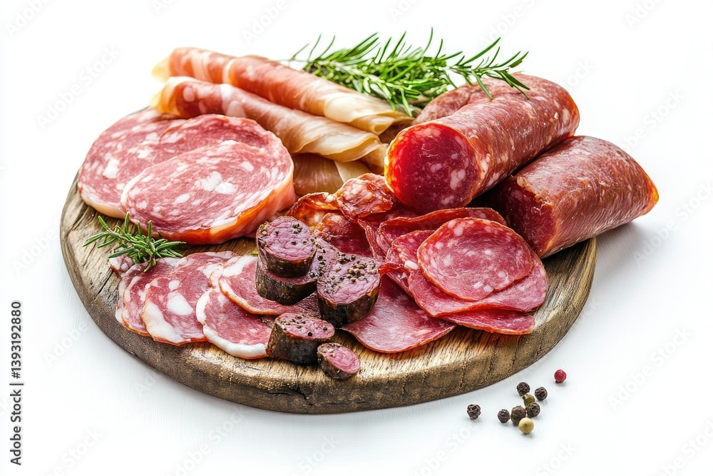 Obraz premium Assorted Cured Meats and Rosemary on Rustic Wooden Serving Board