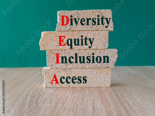 Diversity equity inclusion access symbol. Concept words DEIA diversity equity inclusion access on brick blocks. Beautiful green background, wooden table. Business concept