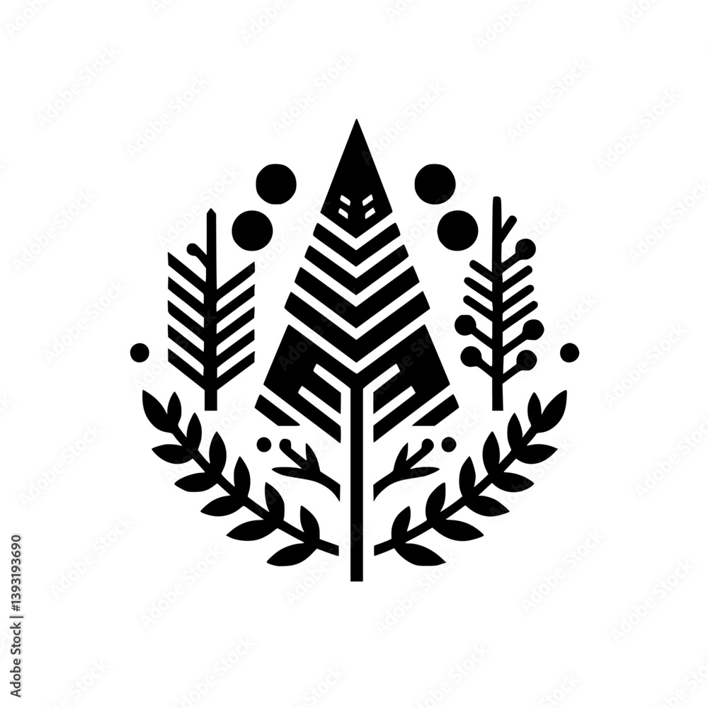 Obraz premium Geometric Forest Emblem: Minimalist Black & White Icon for Nature, Branding