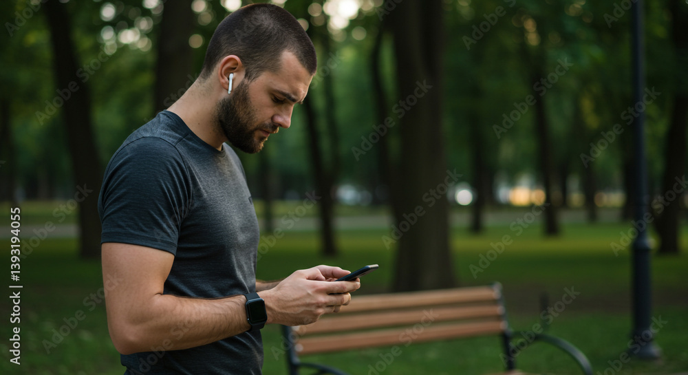 A focused young man checking his phone during a workout break in a serene park, wearing wireless earbuds, under soft evening light.