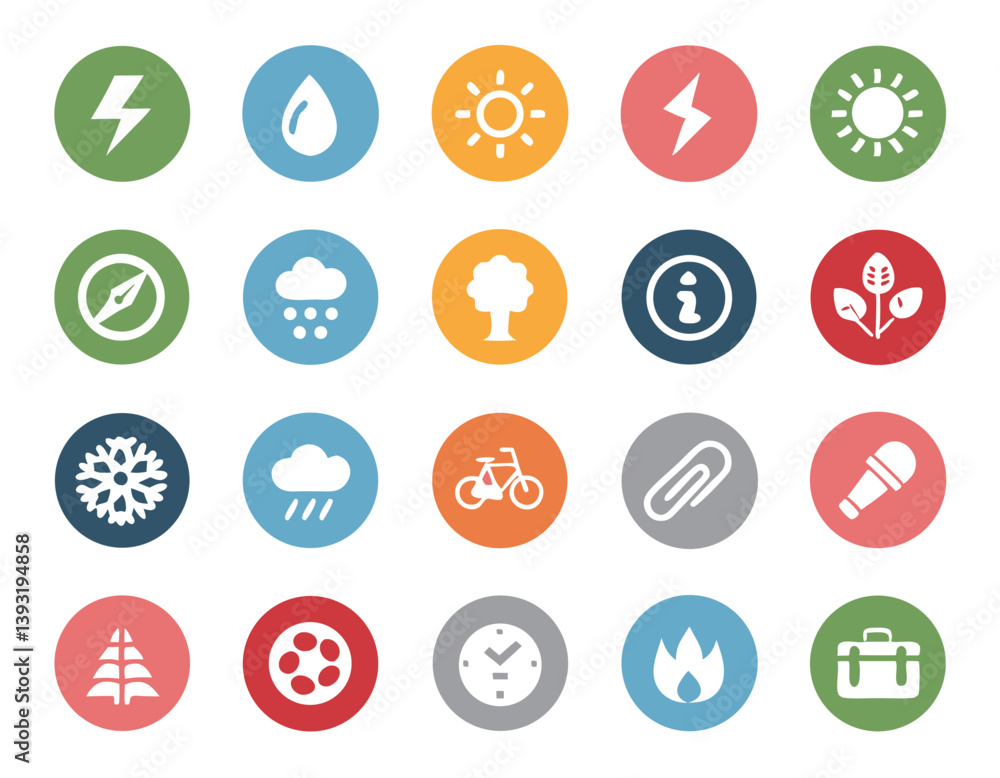 Flat website icon set featuring colorful modern symbols for nature, weather, energy, food, and activities – minimal design, consistent shapes, ideal for UI, web, and app graphics Flat website icon set featuring colorful modern symbols for nature, weather, energy, food, and activities – minimal design, consistent shapes, ideal for UI, web, and app graphics