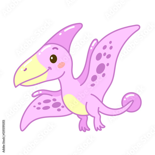 Cute pink cartoon pterodactyl with big yellow beak and spots, perfect for kids fun dino designs