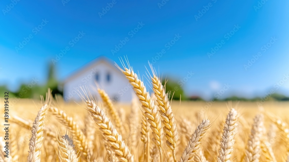 Fototapeta premium Golden Wheat Field with White Barn
