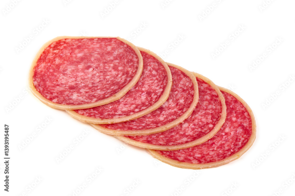 Sliced salami sausage, isolated on white background. Sliced salami sausage, isolated on white background.