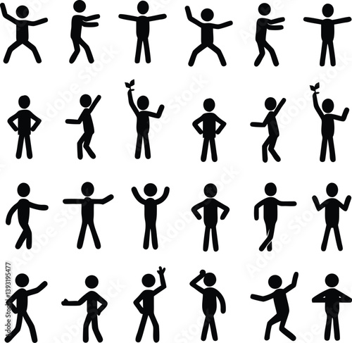 Stickman Icons - Black Silhouettes Showing Various Poses & Gestures