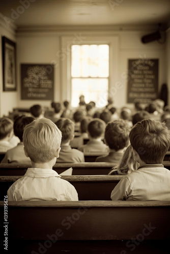 A group of children sitting in a church pew watching a lecture