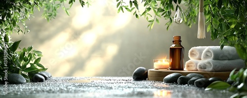 Zen Spa Still Life with Aromatherapy Essential Oil Candle Towels and Greenery Relaxing Spa Concept : Generative AI