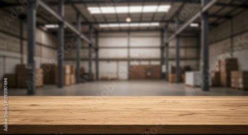 Wallpaper Mural Warehouse Inventory Display Table - Empty wooden table in front of blurred warehouse background, ideal for product display or showcasing business concepts Torontodigital.ca