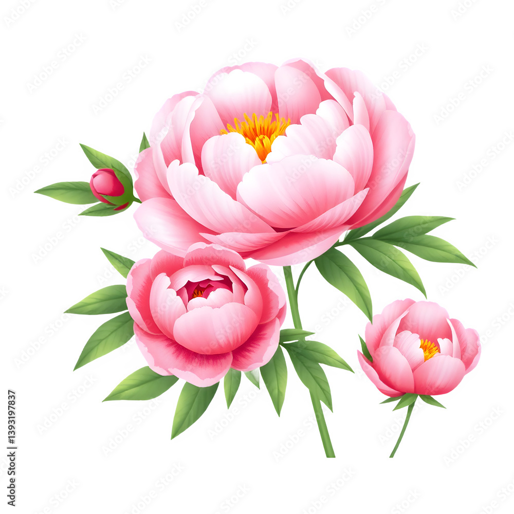 Fototapeta premium Delicate Pink Peonies in Bloom Isolated on White Background, 3D