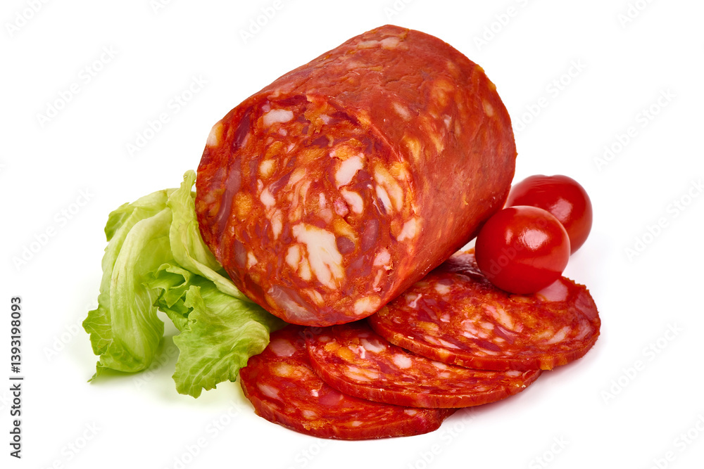 Chorizo sausage, thin cut. Spanish salami, close-up, isolated on white background. Chorizo sausage, thin cut. Spanish salami, close-up, isolated on white background.