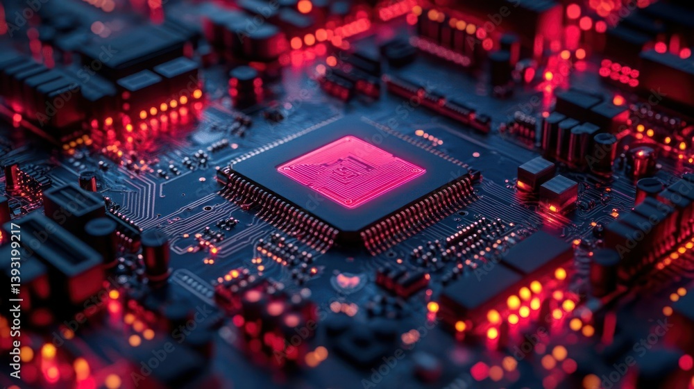 Close-up of a glowing central processing unit (CPU) on a circuit board Close-up of a glowing central processing unit (CPU) on a circuit board