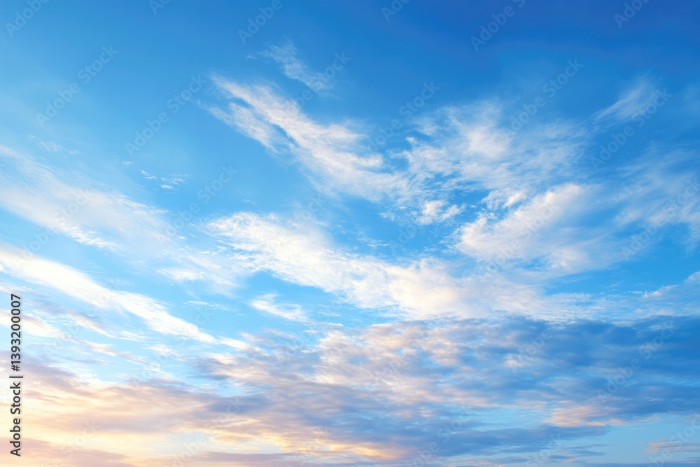 Obraz premium bright blue sky with soft clouds illuminated by golden hour light creating calm and inviting scene
