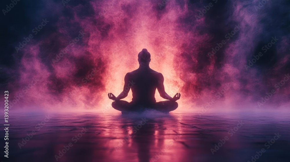 Silhouette of person meditating in a vibrant, smoky atmosphere Silhouette of person meditating in a vibrant, smoky atmosphere