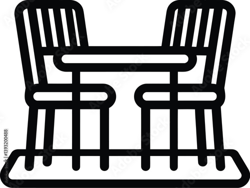  Black and White Vector PNG Illustration of Two Chairs with Curved Backrests Facing Each Other, Positioned on a Rectangular Rug with a Table in Between.