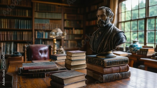 Antique library scene with bust and books