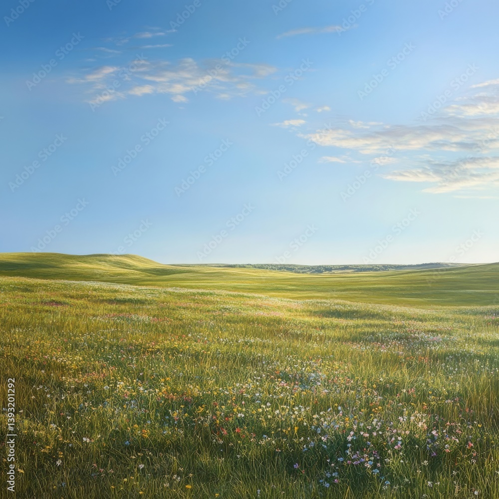 Fototapeta premium image of a sunlit prairie with rolling grasslands dotted with wildflowers isolated on a plain background 