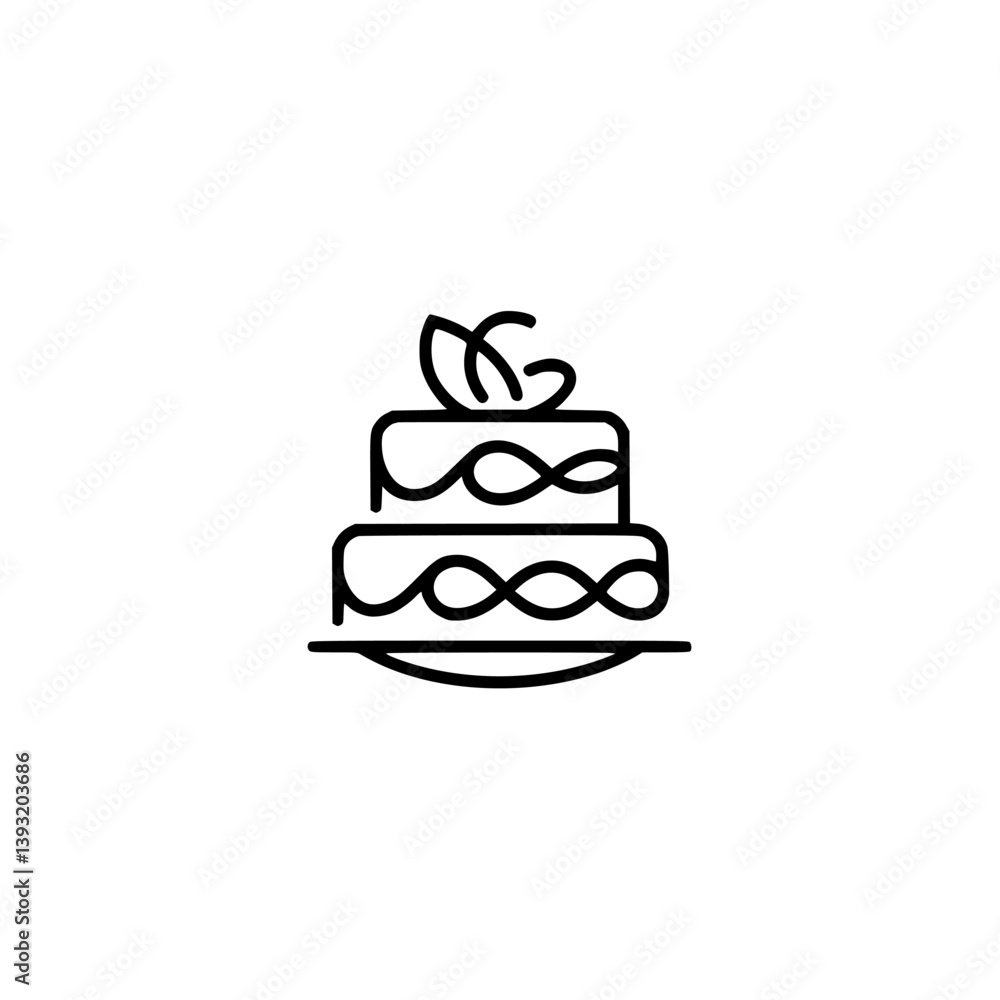 Minimalist Cake Icon, Line Art Illustration on White
