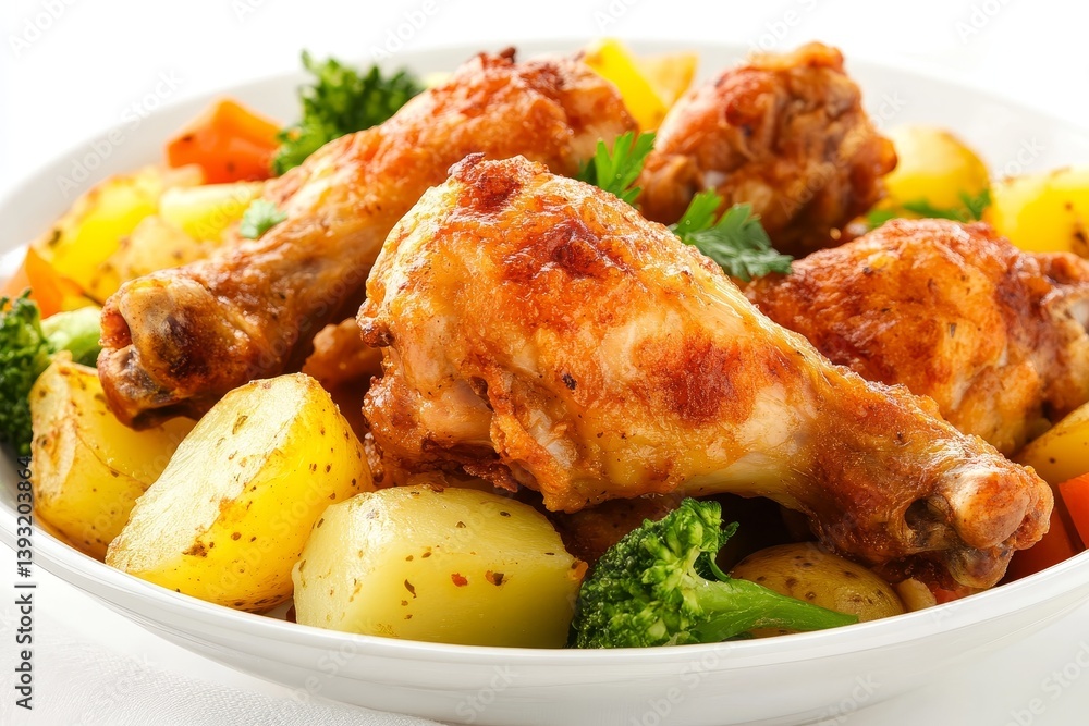 fried chicken with potatoes and vegetables