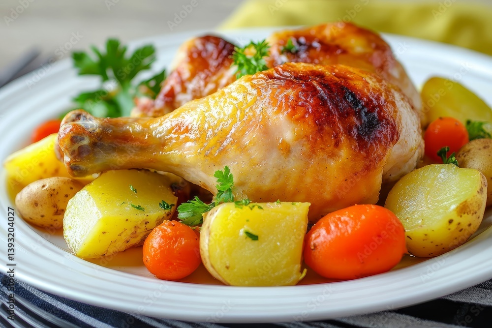 fried chicken with potatoes and vegetables