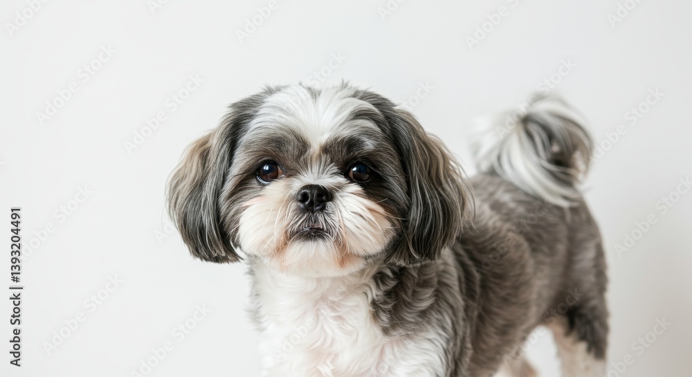 Adorable Grey and White Shih Tzu Puppy Posing - A charming Shih Tzu puppy, grey and white fur, playful expression, clean background, embodies loyalty, companionship, cuteness, and joy Adorable Grey and White Shih Tzu Puppy Posing - A charming Shih Tzu puppy, grey and white fur, playful expression, clean background, embodies loyalty, companionship, cuteness, and joy